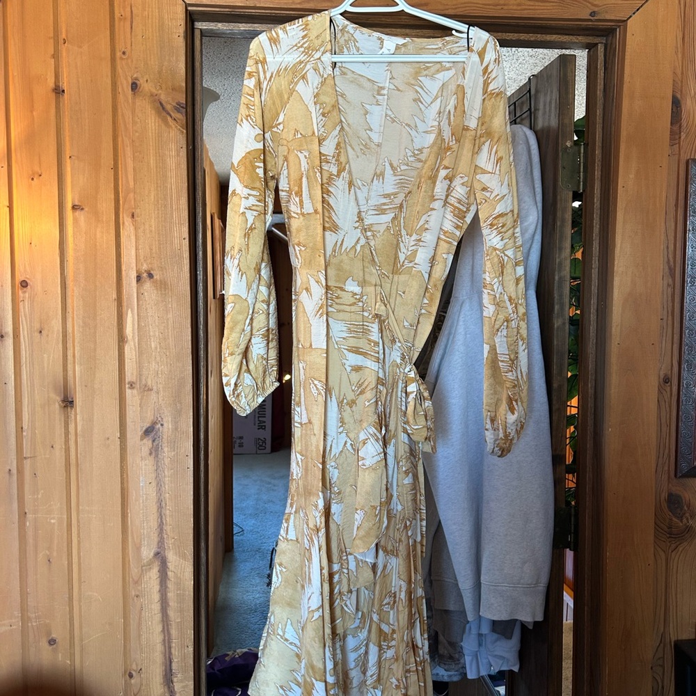 H&M Mustard Patterned Long Sleeve Wrap Dress